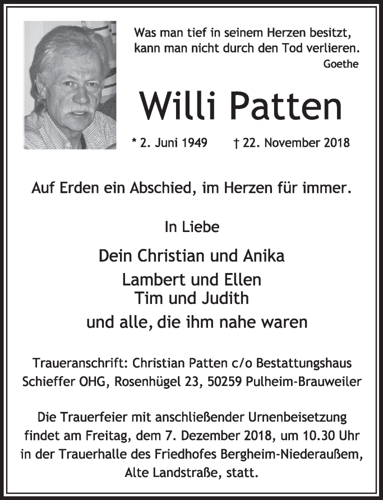 Traueranzeige für Willi Patten vom 01.12.2018 aus  Sonntags-Post 