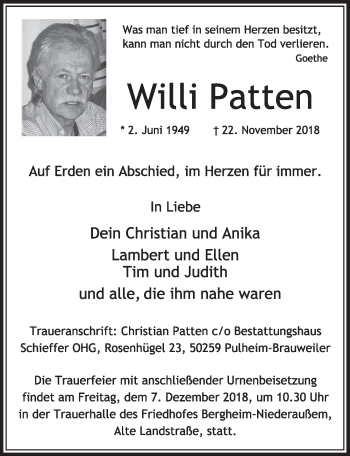 Anzeige von Willi Patten von  Sonntags-Post 
