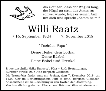 Anzeige von Willi Raatz von Kölner Stadt-Anzeiger / Kölnische Rundschau / Express