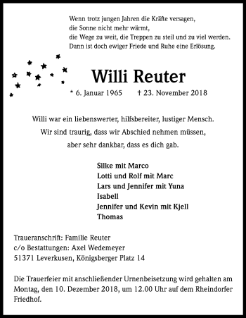 Anzeige von Willi Reuter von Kölner Stadt-Anzeiger / Kölnische Rundschau / Express