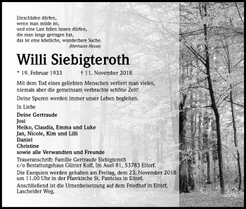 Anzeige von Willi Siebigteroth von Kölner Stadt-Anzeiger / Kölnische Rundschau / Express