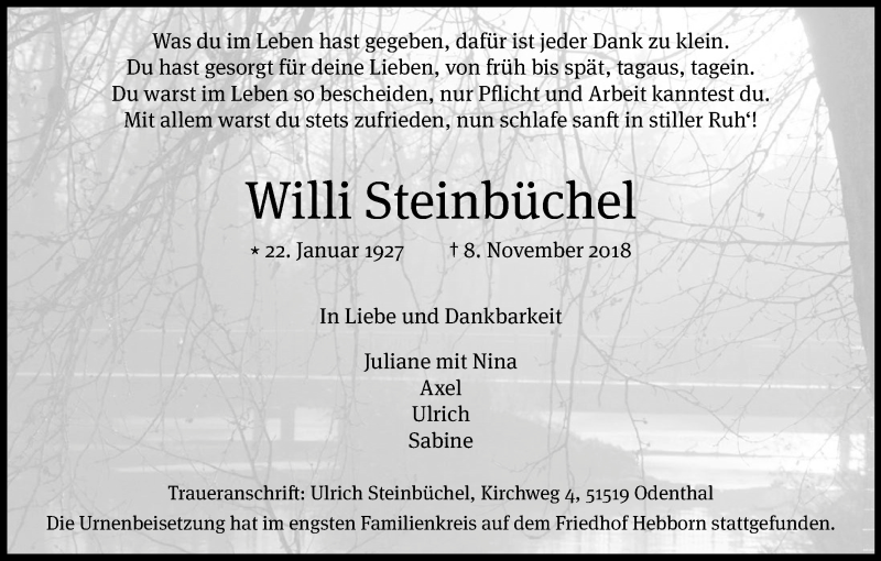  Traueranzeige für Willi Steinbüchel vom 01.12.2018 aus Kölner Stadt-Anzeiger / Kölnische Rundschau / Express