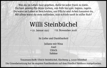 Anzeige von Willi Steinbüchel von Kölner Stadt-Anzeiger / Kölnische Rundschau / Express