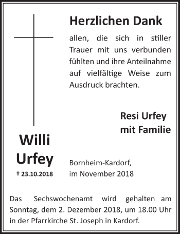 Anzeige von Willi Urfey von  Schlossbote/Werbekurier 