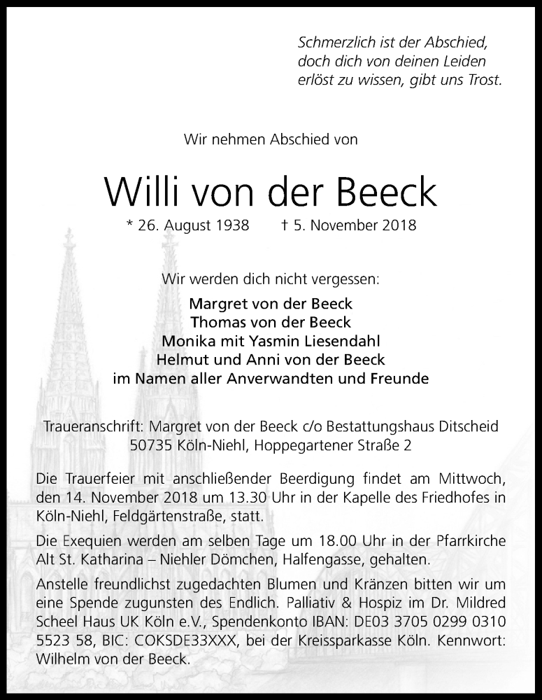  Traueranzeige für Willi von der Beeck vom 10.11.2018 aus Kölner Stadt-Anzeiger / Kölnische Rundschau / Express