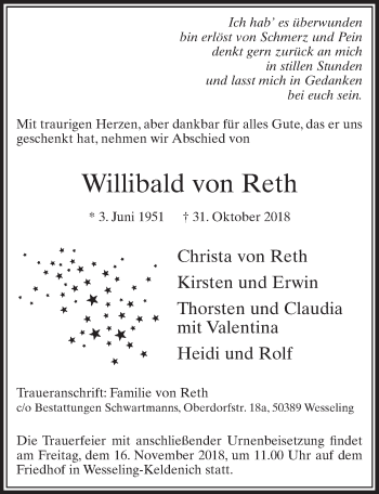 Anzeige von Willibald von Reth von  Schlossbote/Werbekurier 