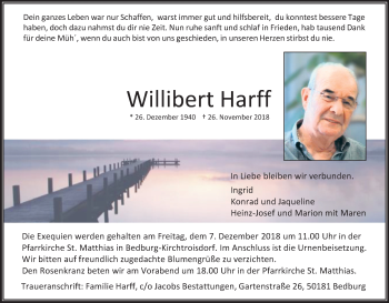 Anzeige von Willibert Harff von Kölner Stadt-Anzeiger / Kölnische Rundschau / Express