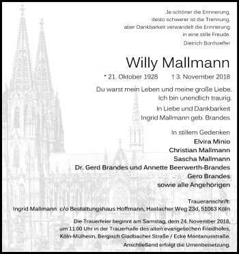Anzeige von Willy Mallmann von Kölner Stadt-Anzeiger / Kölnische Rundschau / Express