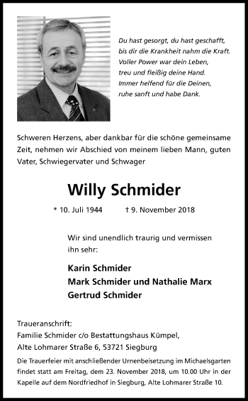 Anzeige von Willy Schmider von Kölner Stadt-Anzeiger / Kölnische Rundschau / Express
