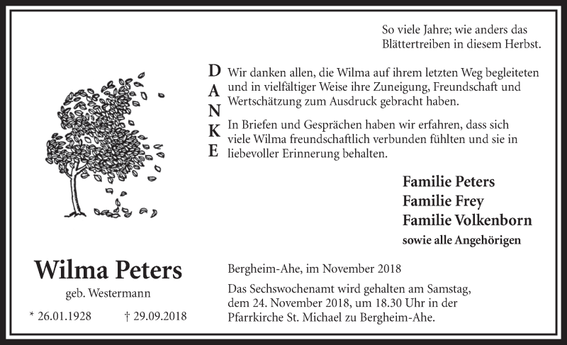  Traueranzeige für Wilma Peters vom 17.11.2018 aus  Sonntags-Post 