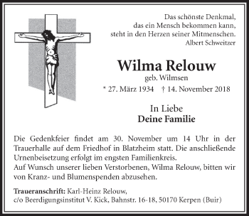 Anzeige von Wilma Relouw von  Sonntags-Post 