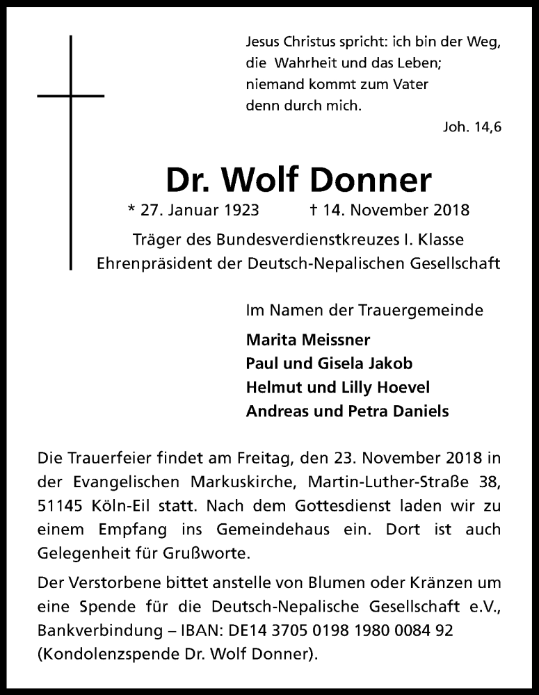  Traueranzeige für Wolf Donner vom 17.11.2018 aus Kölner Stadt-Anzeiger / Kölnische Rundschau / Express