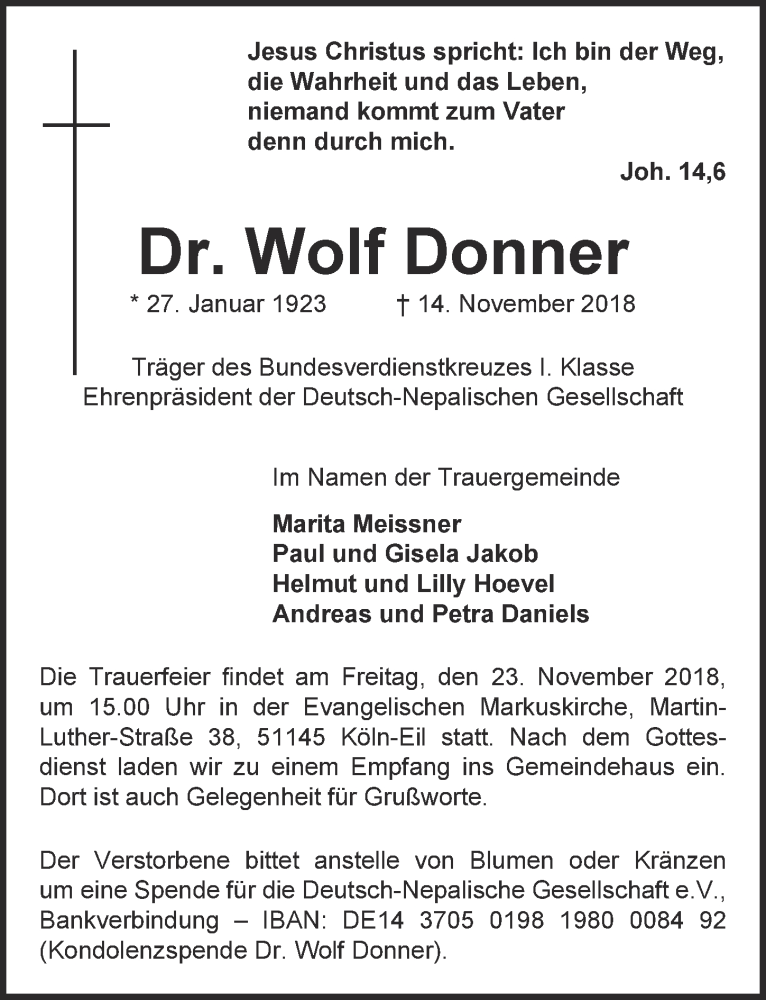  Traueranzeige für Wolf Donner vom 21.11.2018 aus  Kölner Wochenspiegel 