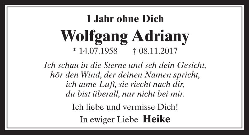  Traueranzeige für Wolfgang Adriany vom 07.11.2018 aus  Werbepost 