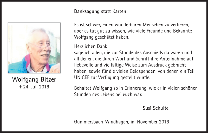  Traueranzeige für Wolfgang Bitzer vom 24.11.2018 aus Kölner Stadt-Anzeiger / Kölnische Rundschau / Express