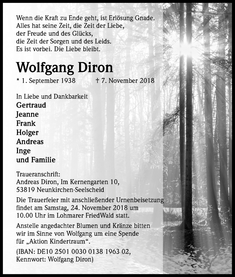  Traueranzeige für Wolfgang Diron vom 21.11.2018 aus Kölner Stadt-Anzeiger / Kölnische Rundschau / Express