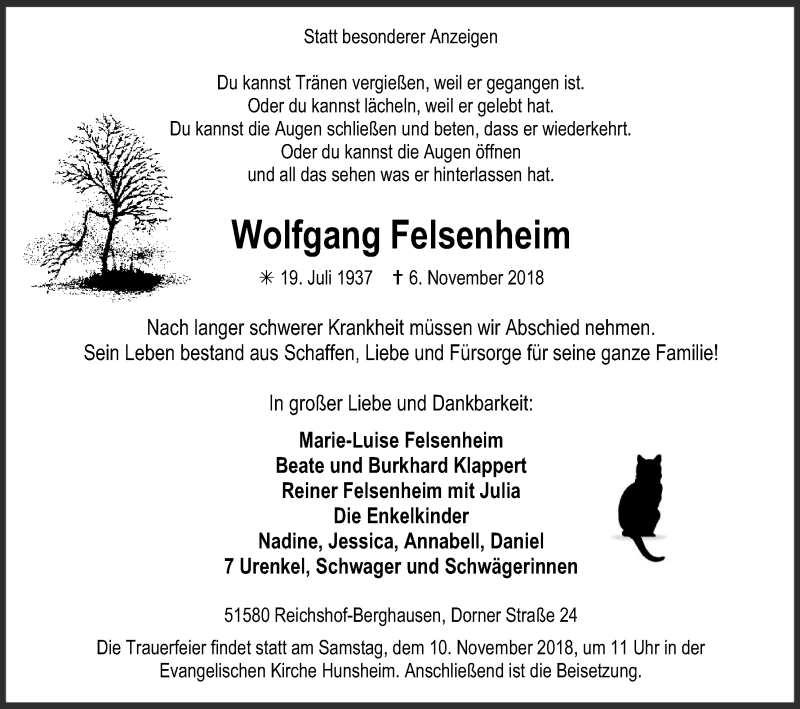  Traueranzeige für Wolfgang Felsenheim vom 08.11.2018 aus Kölner Stadt-Anzeiger / Kölnische Rundschau / Express