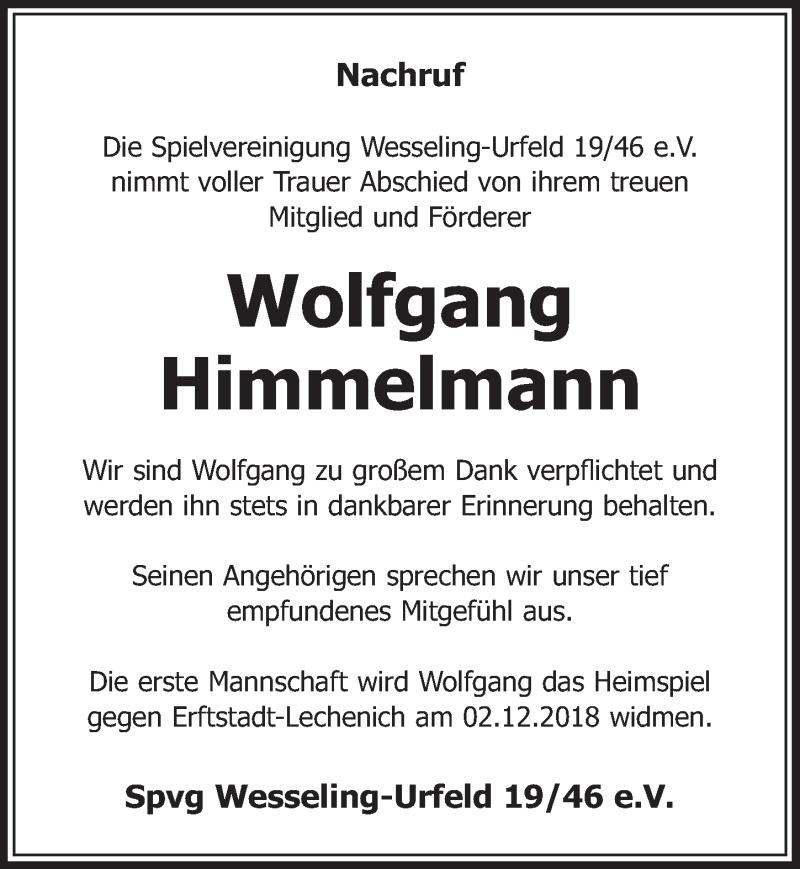  Traueranzeige für Wolfgang Himmelmann vom 21.11.2018 aus  Schlossbote/Werbekurier 