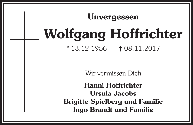 Traueranzeige für Wolfgang Hoffrichter vom 07.11.2018 aus  Bergisches Handelsblatt 