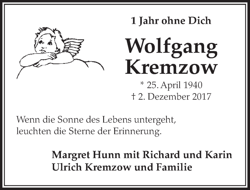  Traueranzeige für Wolfgang Kremzow vom 28.11.2018 aus  Schlossbote/Werbekurier 
