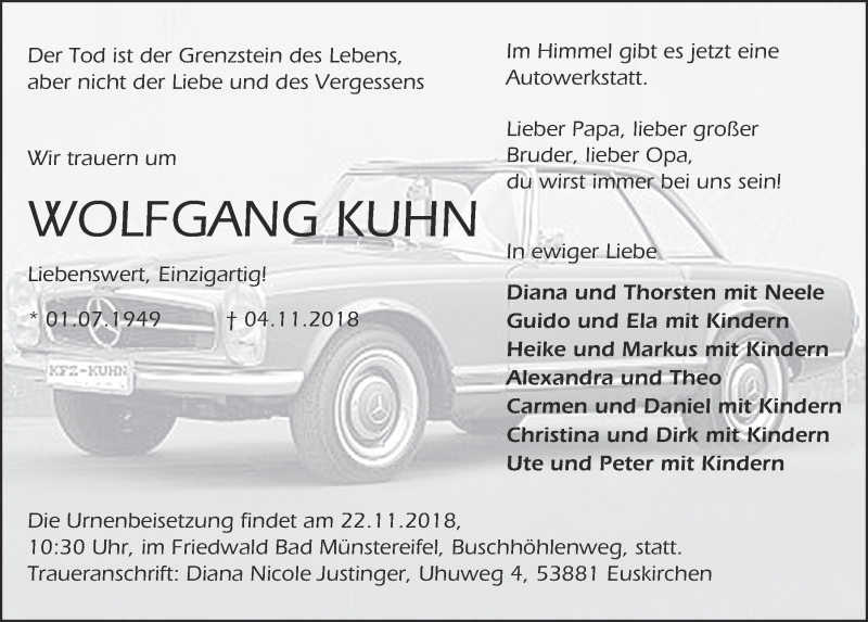  Traueranzeige für Wolfgang Kuhn vom 14.11.2018 aus  Lokale Informationen 