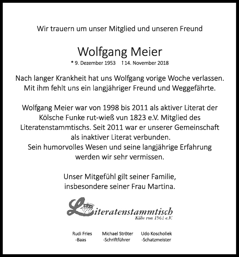  Traueranzeige für Wolfgang Meier vom 21.11.2018 aus Kölner Stadt-Anzeiger / Kölnische Rundschau / Express