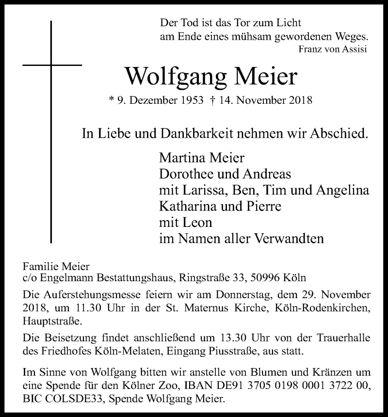  Traueranzeige für Wolfgang Meier vom 17.11.2018 aus Kölner Stadt-Anzeiger / Kölnische Rundschau / Express