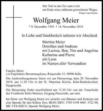 Anzeige von Wolfgang Meier von Kölner Stadt-Anzeiger / Kölnische Rundschau / Express
