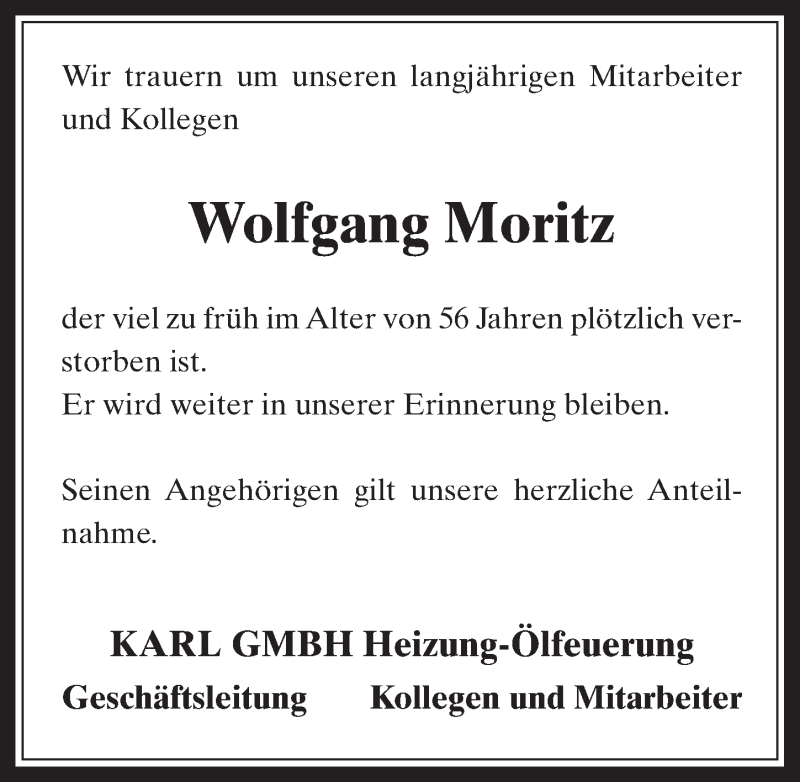  Traueranzeige für Wolfgang Moritz vom 28.11.2018 aus  Wochenende 