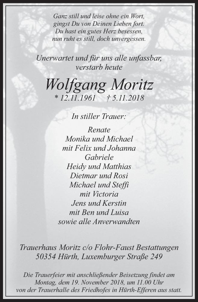  Traueranzeige für Wolfgang Moritz vom 14.11.2018 aus  Wochenende 