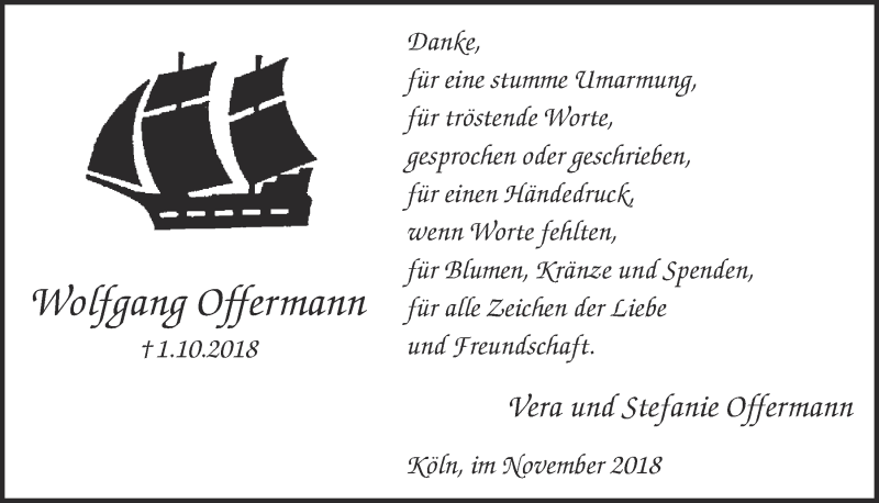  Traueranzeige für Wolfgang Offermann vom 07.11.2018 aus  Kölner Wochenspiegel 