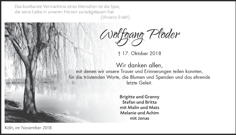  Traueranzeige für Wolfgang Ploder vom 21.11.2018 aus  Kölner Wochenspiegel 
