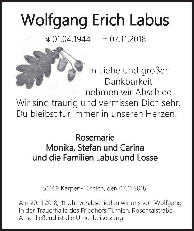  Traueranzeige für Wolfgang Erich Labus vom 14.11.2018 aus  Werbepost 