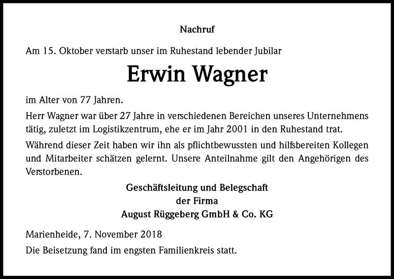  Traueranzeige für Erwin Wagner vom 09.11.2018 aus Kölner Stadt-Anzeiger / Kölnische Rundschau / Express