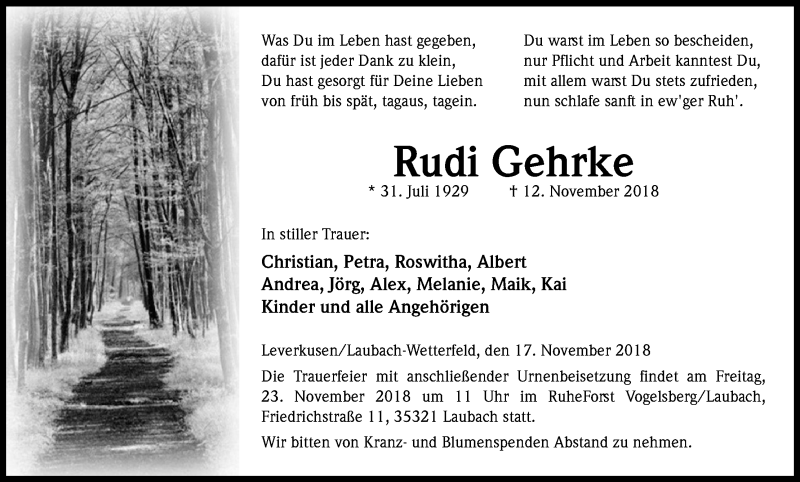  Traueranzeige für Rudi Gehrke vom 20.11.2018 aus Kölner Stadt-Anzeiger / Kölnische Rundschau / Express