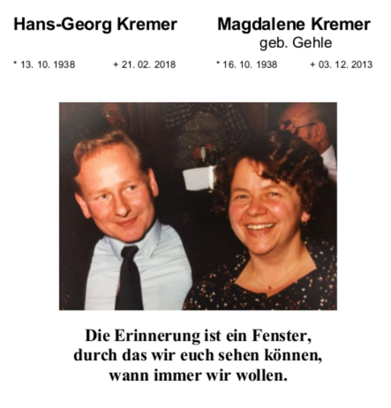  Traueranzeige für Hans-Georg + Magdalene Kremer vom 13.10.2018 aus Köln - Wir Trauern