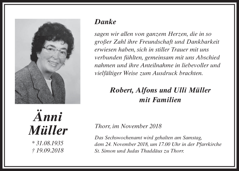  Traueranzeige für Änni Müller vom 17.11.2018 aus  Sonntags-Post 