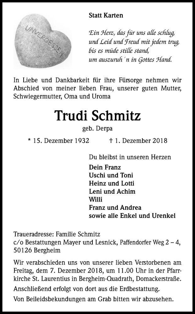  Traueranzeige für Trudi Schmitz vom 04.12.2018 aus Kölner Stadt-Anzeiger / Kölnische Rundschau / Express