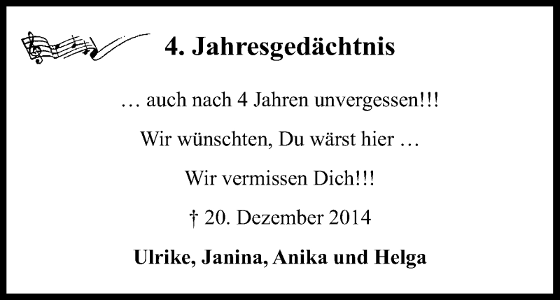  Traueranzeige für 4. Jahresgedächtnis  vom 20.12.2018 aus Kölner Stadt-Anzeiger / Kölnische Rundschau / Express