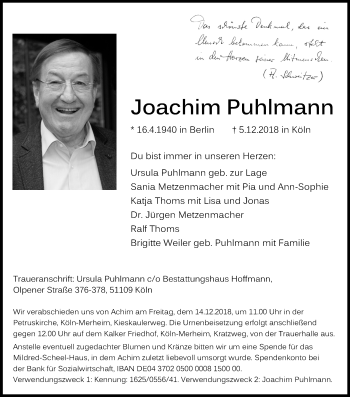 Anzeige von Joachim Puhlmann von Kölner Stadt-Anzeiger / Kölnische Rundschau / Express