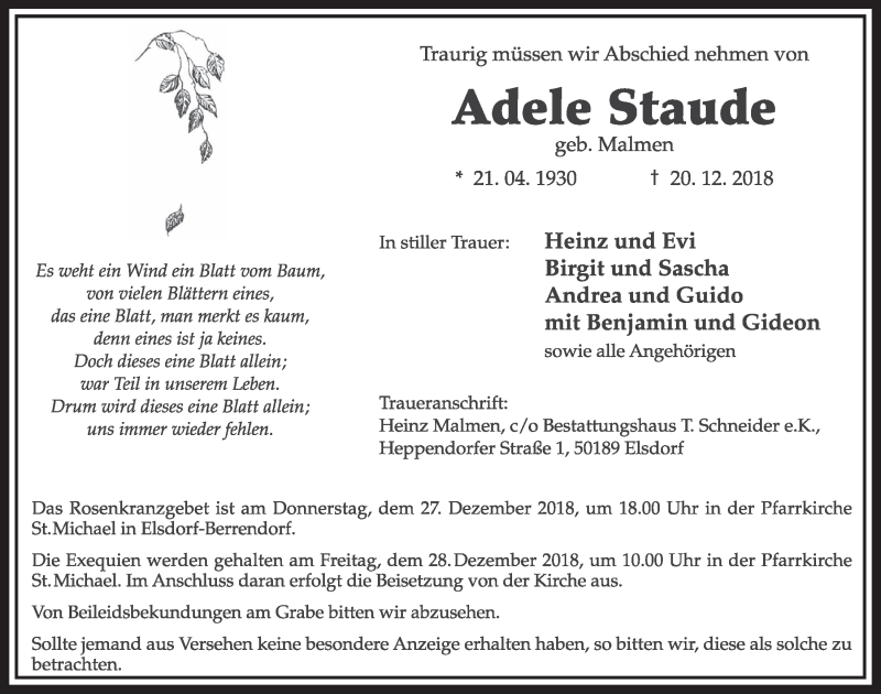  Traueranzeige für Adele Staude vom 22.12.2018 aus  Sonntags-Post 