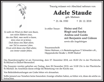 Anzeige von Adele Staude von  Sonntags-Post 