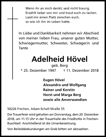 Anzeige von Adelheid Hövel von Kölner Stadt-Anzeiger / Kölnische Rundschau / Express
