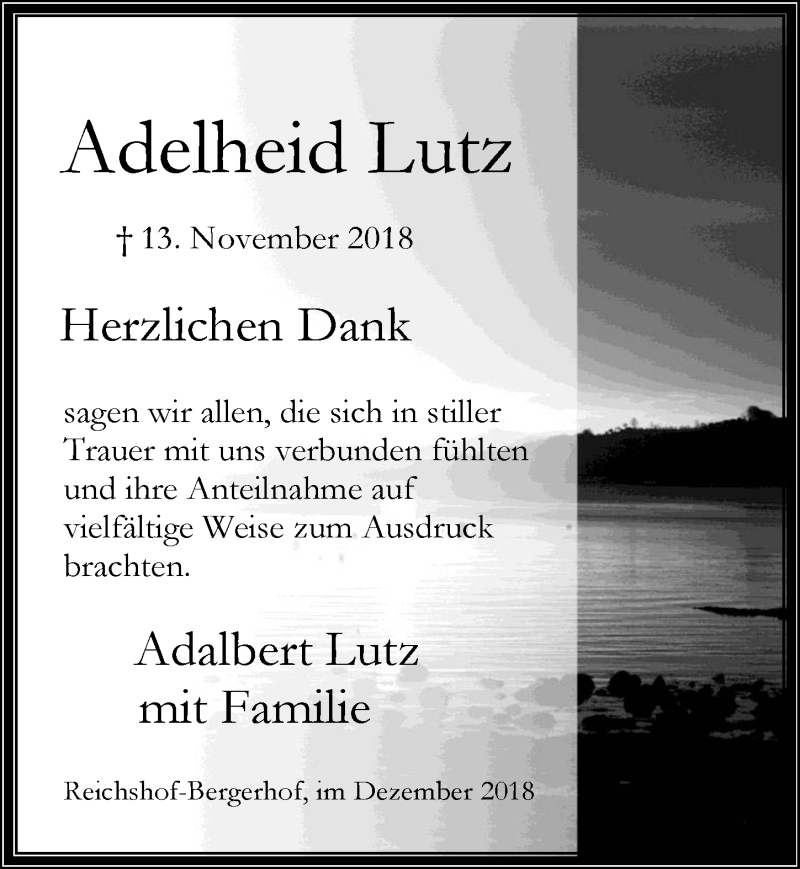  Traueranzeige für Adelheid Lutz vom 19.12.2018 aus  Lokalanzeiger 