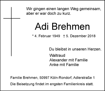 Anzeige von Adi Brehmen von  Kölner Wochenspiegel 