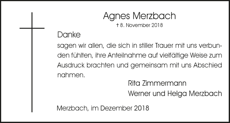  Traueranzeige für Agnes Merzbach vom 12.12.2018 aus  Schaufenster/Blickpunkt 