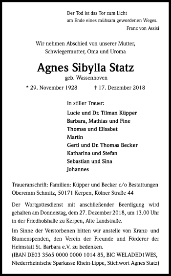 Anzeige von Agnes Sibylla Statz von Kölner Stadt-Anzeiger / Kölnische Rundschau / Express