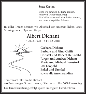Anzeige von Albert Dichant von  Kölner Wochenspiegel  Schlossbote/Werbekurier 