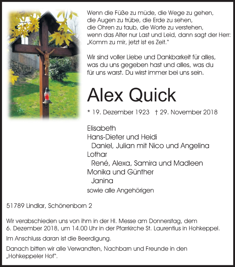  Traueranzeige für Alex Quick vom 04.12.2018 aus Kölner Stadt-Anzeiger / Kölnische Rundschau / Express
