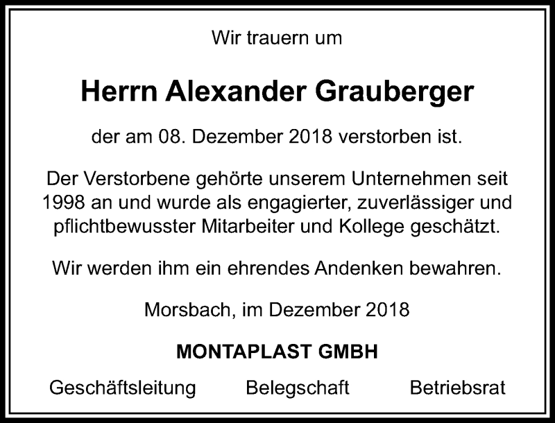  Traueranzeige für Alexander Grauberger vom 15.12.2018 aus Kölner Stadt-Anzeiger / Kölnische Rundschau / Express